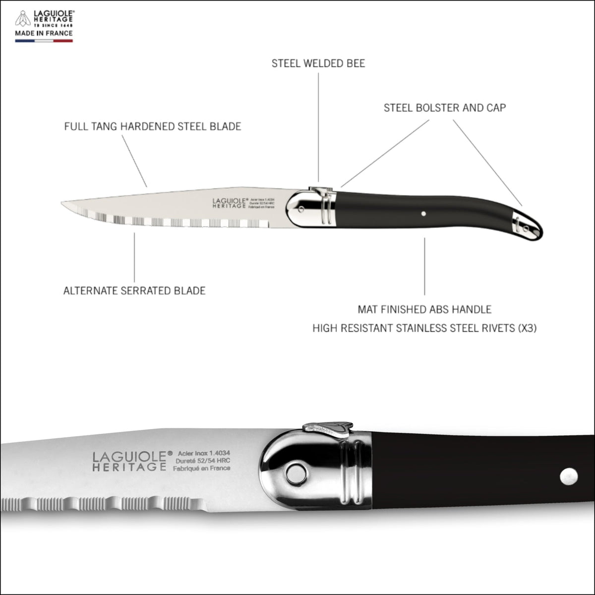 Laguiole Heritage® Steak Knives - Access Series - Black Handle - Set of 6